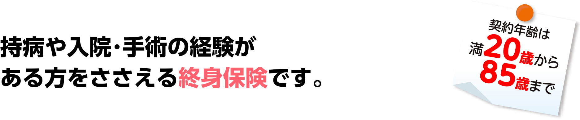 持病や入院･手術の経験がある方をささえる終身保険です。契約年齢は満20歳から85歳まで