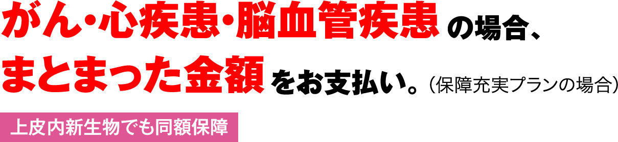 がんと診断/入院、心疾患・脳血管疾患で入院した場合に一時金をお支払い。（保障充実プランの場合）