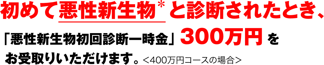 初めて悪性新生物と診断されたとき、「悪性新生物初回診断一時金」300万円＊をお受取りいただけます。＜400万円コースの場合＞